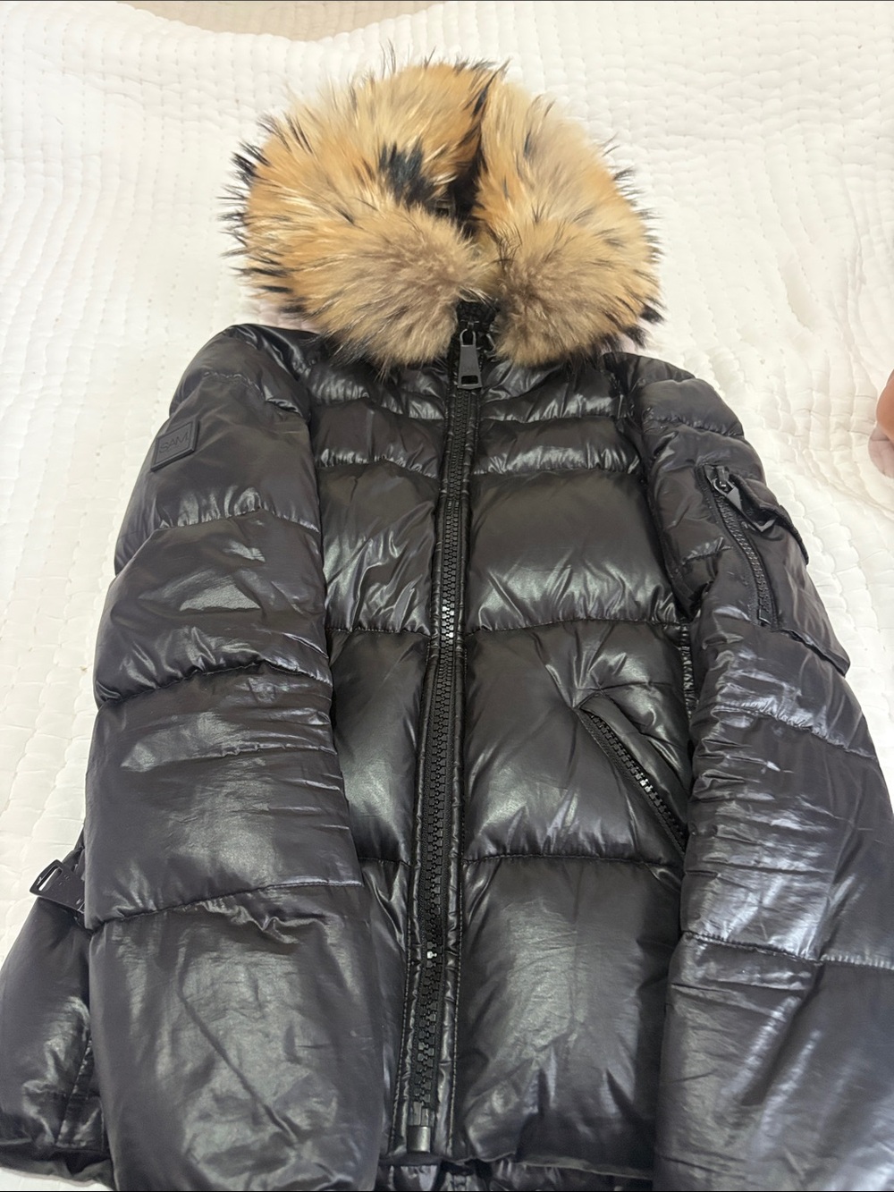 SAM. Black Shiny Puffer Jacket with Faux Fur Trim Hood